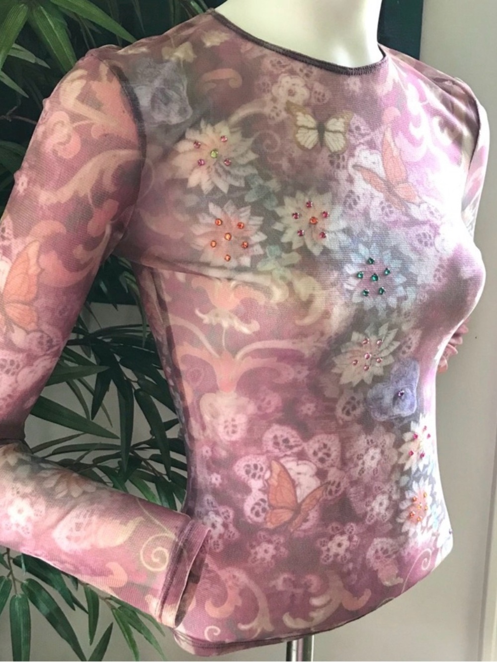 Butterfly and Flower Y2K Mesh Bedazzled long sleeve Shirt